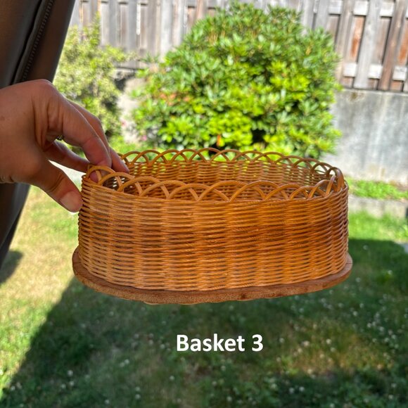 Vintage Wicker Basket Set of 3 Oval Shaped Boho Storage Bins with Wood Bases - Picture 5 of 11